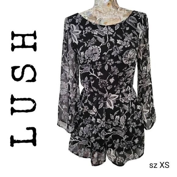 Lush Black and White Flowy Floral Sheer  Shorts Romper - Picture 1 of 10